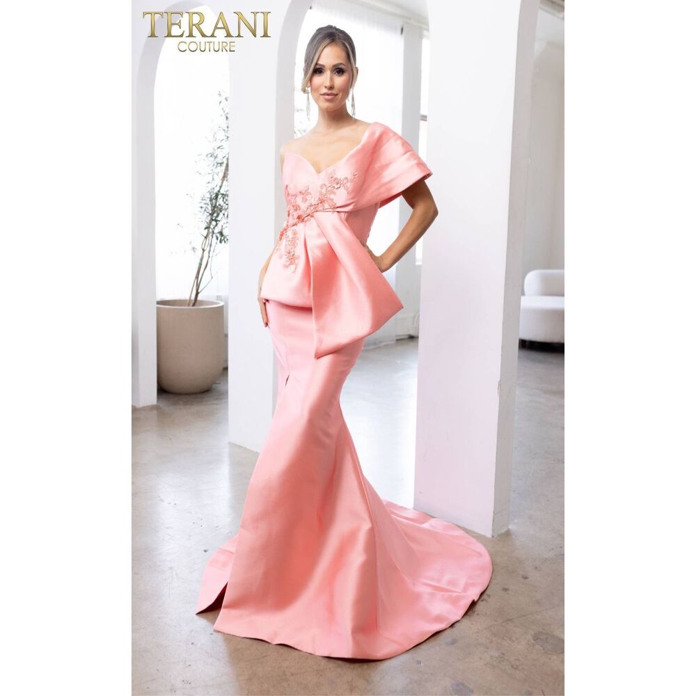 Terani Couture Coral Pink One-Shoulder Satin Gown with Floral Appliqué Sz 12